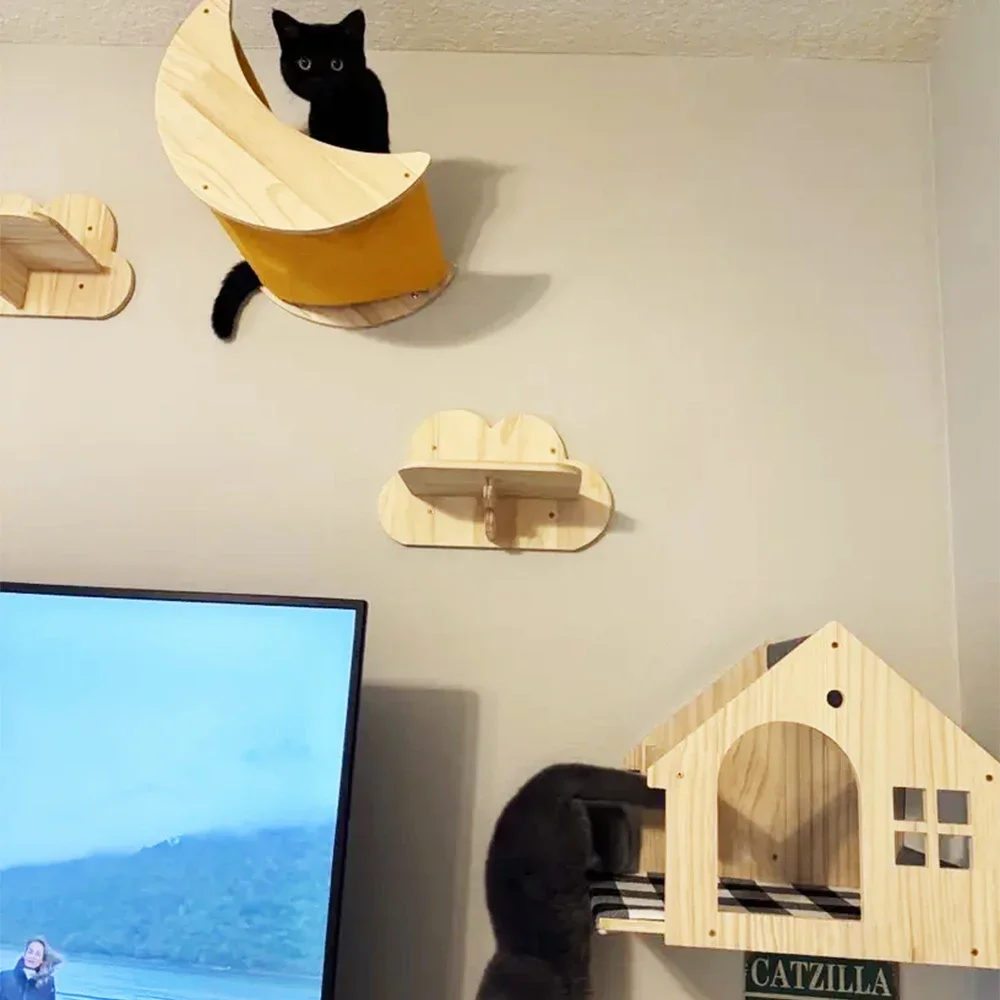 

Wall mounted cat climbing frame solid wood pet home with felt cat platform suitable for cats to play
