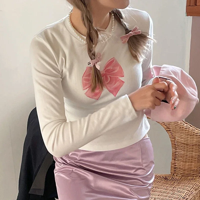 

Casual Cutecore Bow Print White Autumn T shirt Women Slim Korean Clothes Tee Pullover Kawaii Sweet Top Crop Coquette