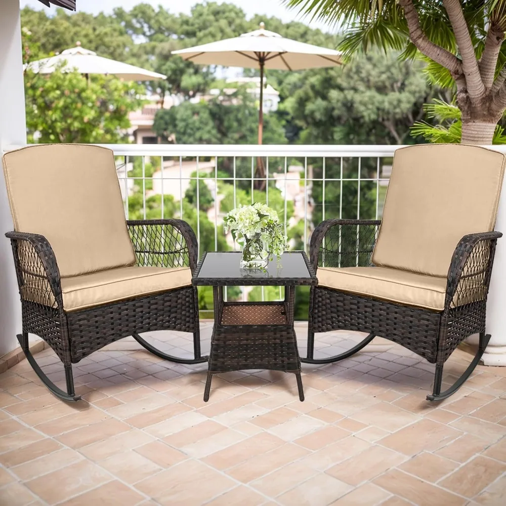 

3 pcs Rocking Bistro Set Conversation Chairs PE Wicker Outdoor Rocking Chairs(Rocking Set,Khaki)