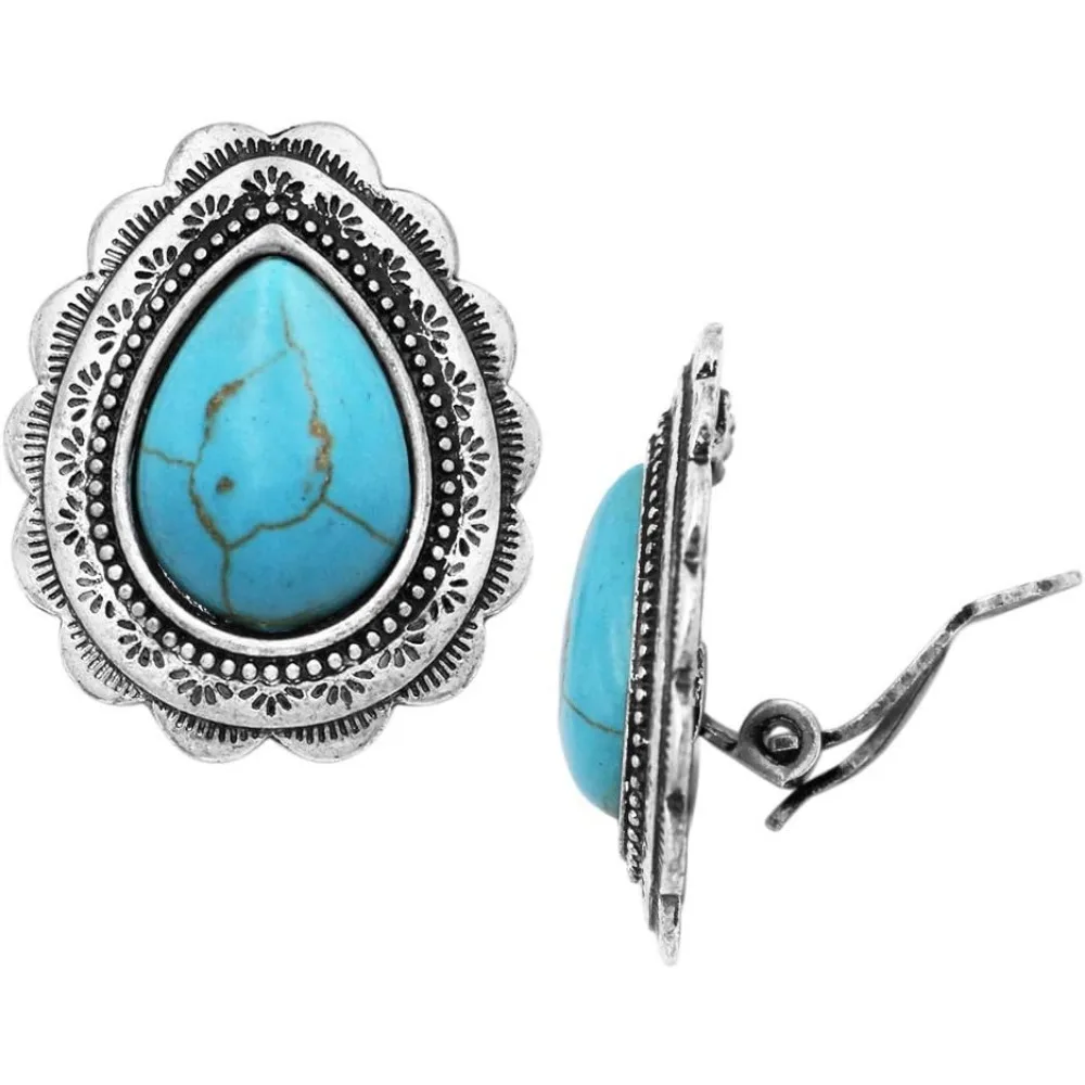 

Western Natural Howlite Teardrop Clip On Earrings for Women Cowgirl Style