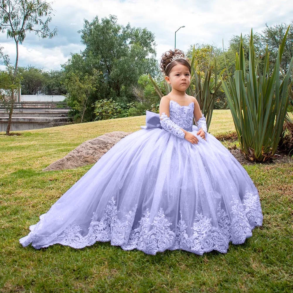 Rosa Tüll-Blumenmädchenkleid für die Hochzeit, volle Ärmel, bauschige Applikation, bodenlang, Prinzessin, Kindergeburtstag, Erstkommunionkleid