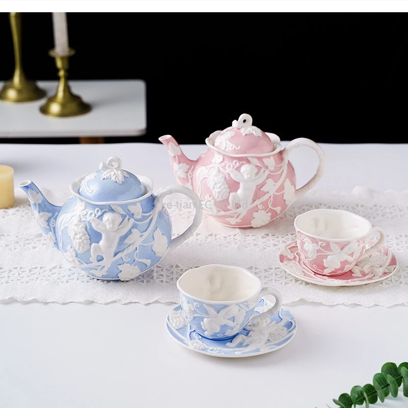 British tea cup retro embossed coffee saucer kettle set home furnishings European style cute mugs and cups