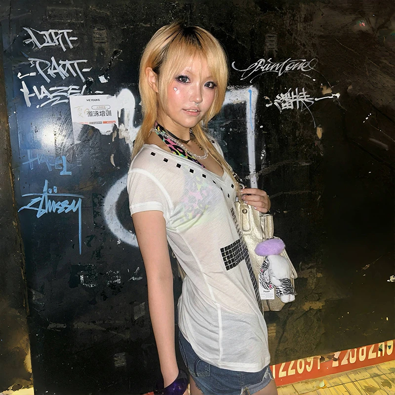 Karrram Japanse Y2k Metal Cross Print T-shirt Vintage Harajuku Korte Mouw Sheer Tops Trashy 2000s V-hals Streetwear Grunge