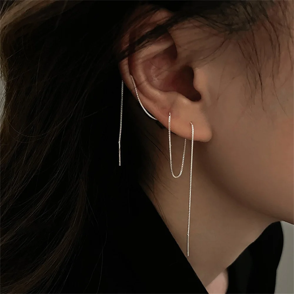 Simple Long Silver Color Ear Wire Trendy Tassel Double Ear Piercing Earrings For Women Fashion Elegant Jewelry Party Accessories