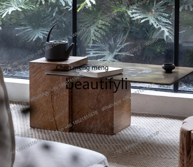 

Medieval stainless steel solid wood, coffee table retro wabi-sabi wind balcony wooden pier old small tea table