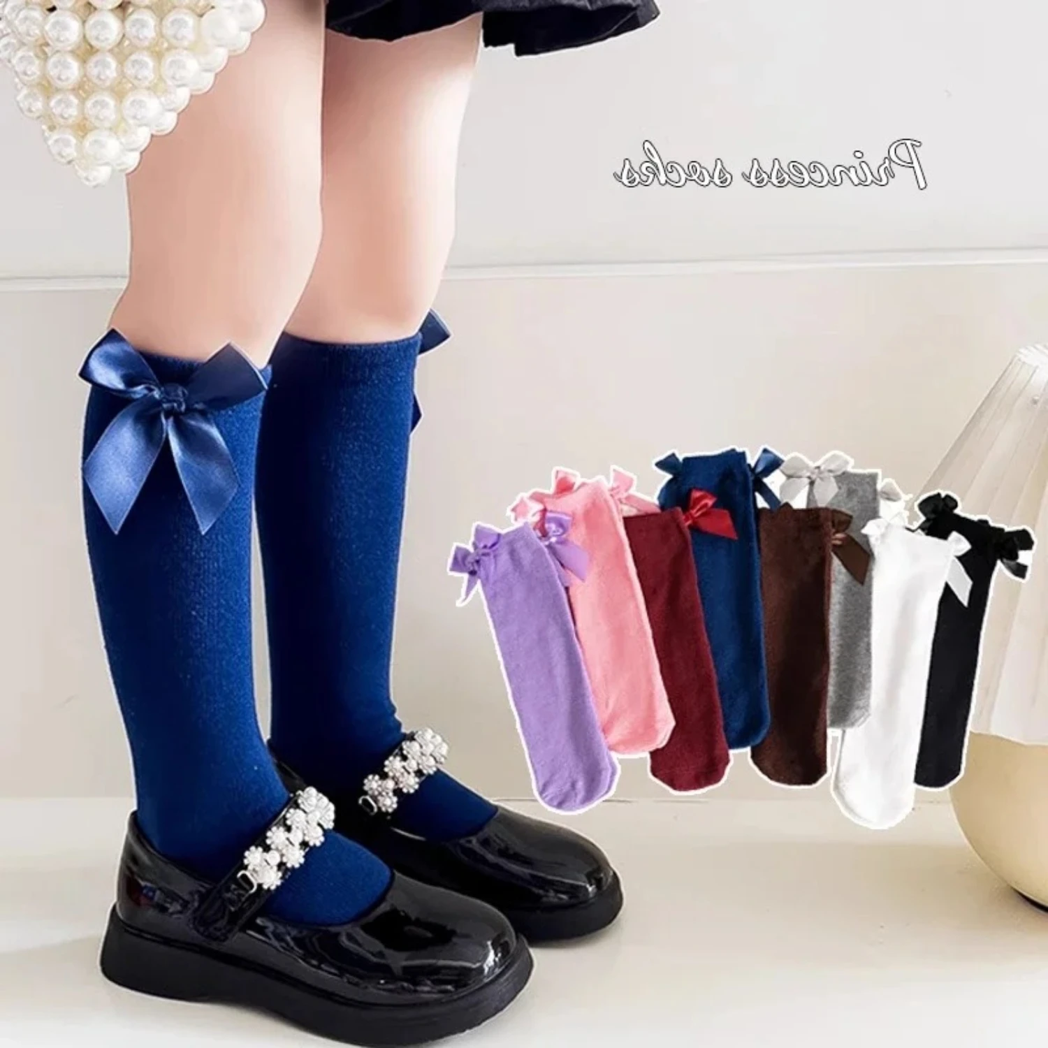 

Girl's Mid Tube Socks Children's lace socks Lolita Bow Korean Version Princess Little Girl Student Solid Tube Dance Socks