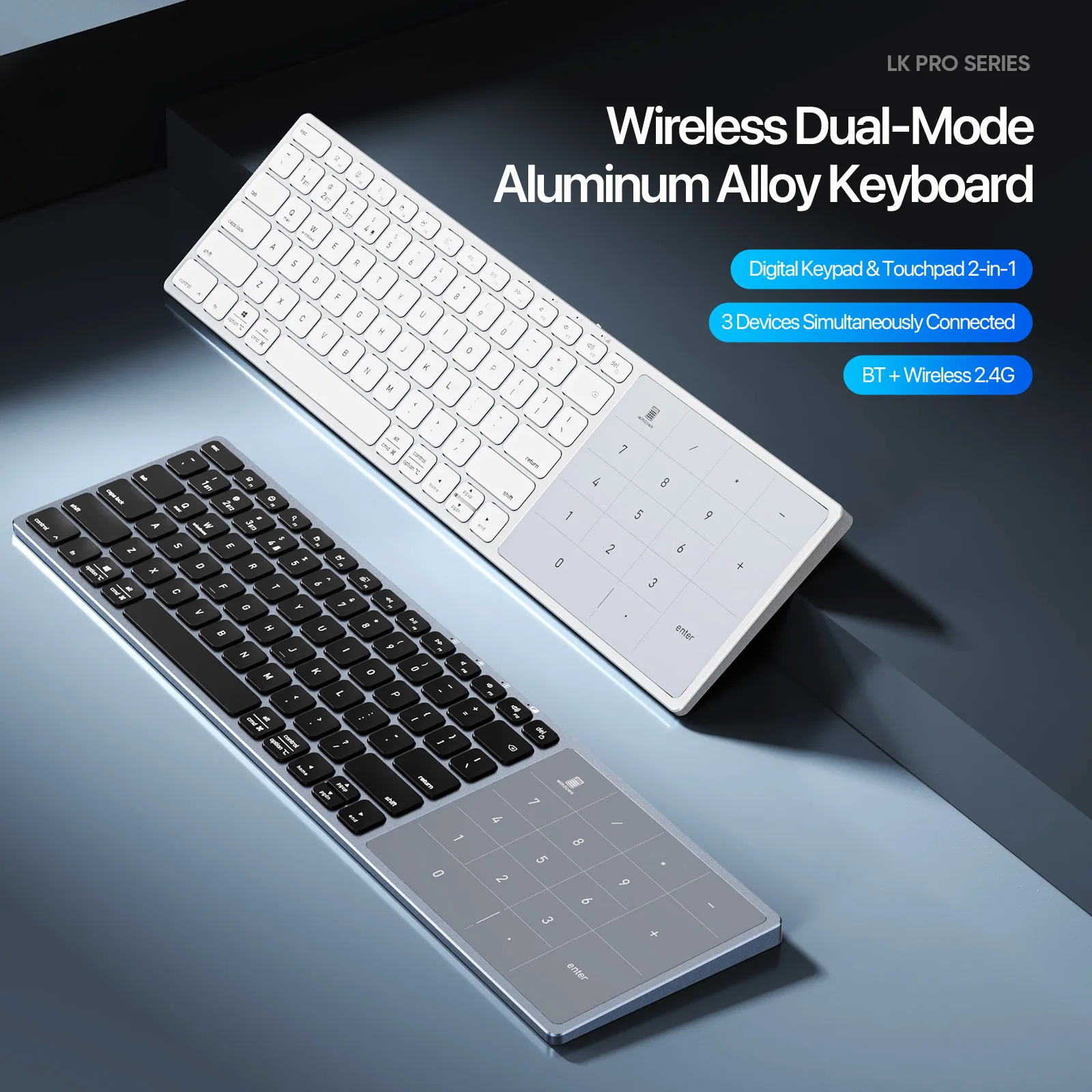 Bluetooth Wireless 2.4G Touch Digital 2-in-1 Aluminum Alloy Keyboard With Compatible iOS iPad Android Windows Mac laptop Device