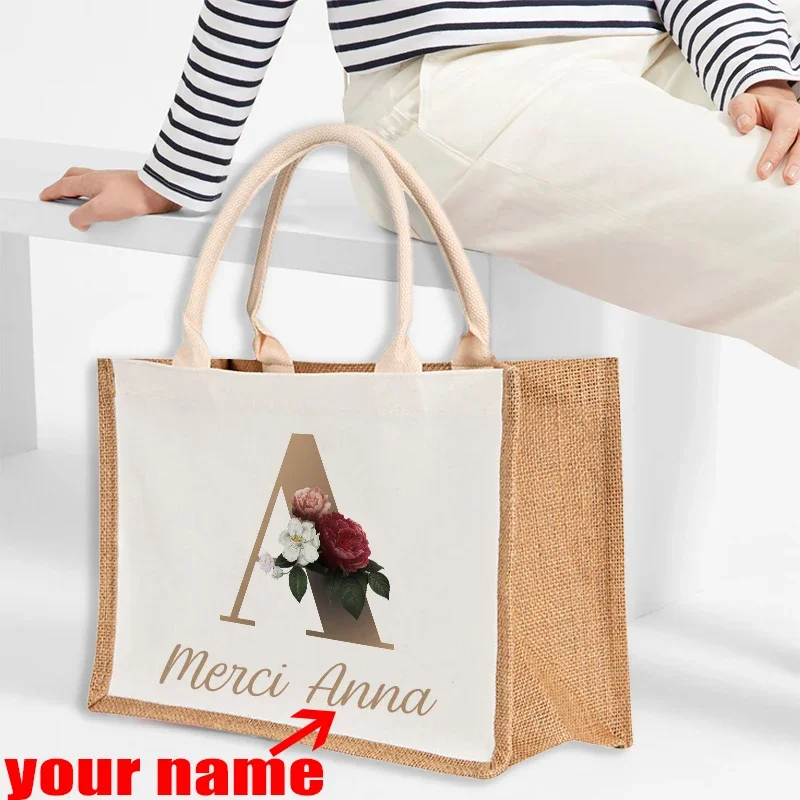 Custom Name Burlap Merci Maitresse Shopping Bags Personalized Bridesmaid Gift Bags Ladies Travelling Beach Spliced Travel bag