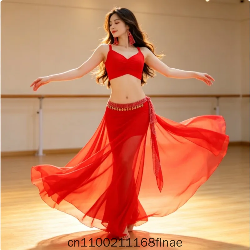 Belly Dance Practice Outfit New Suspender Sexy Slimming Watch Performance Outfit Mesh Oriental Dance Group Outfit Set
