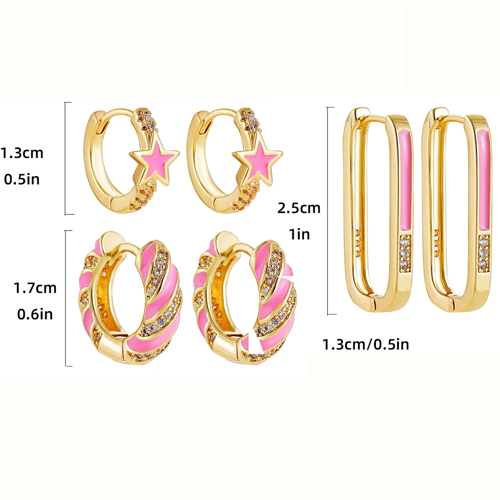 Cute Pink Color Enamel Geometric Square Star Huggies Earring New Trendy CZ Zirconia Twist Hoop Earrings Set Female Jewelry Gift