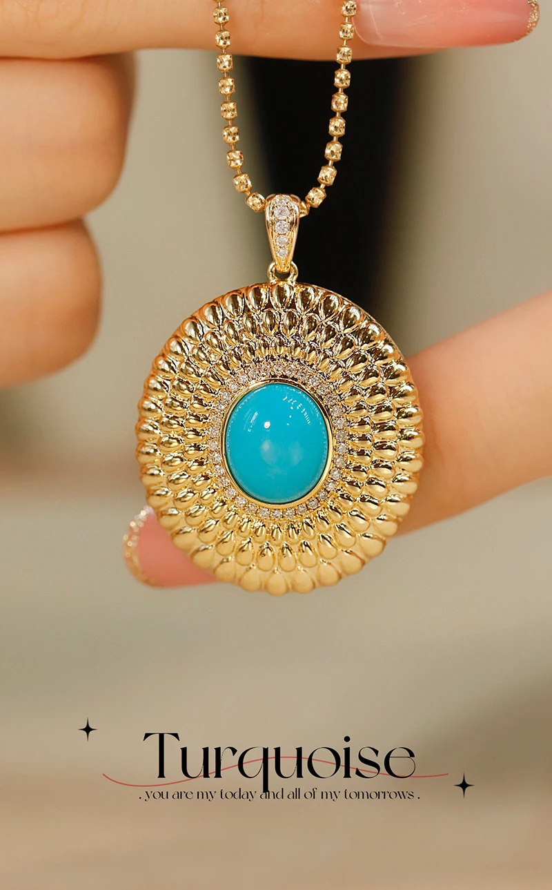 LUOWEND 100% 18K Yellow Gold Necklace Vintage Metal Style Real Natural Turquoise Pendant Necklace for Women High Party Jewelry