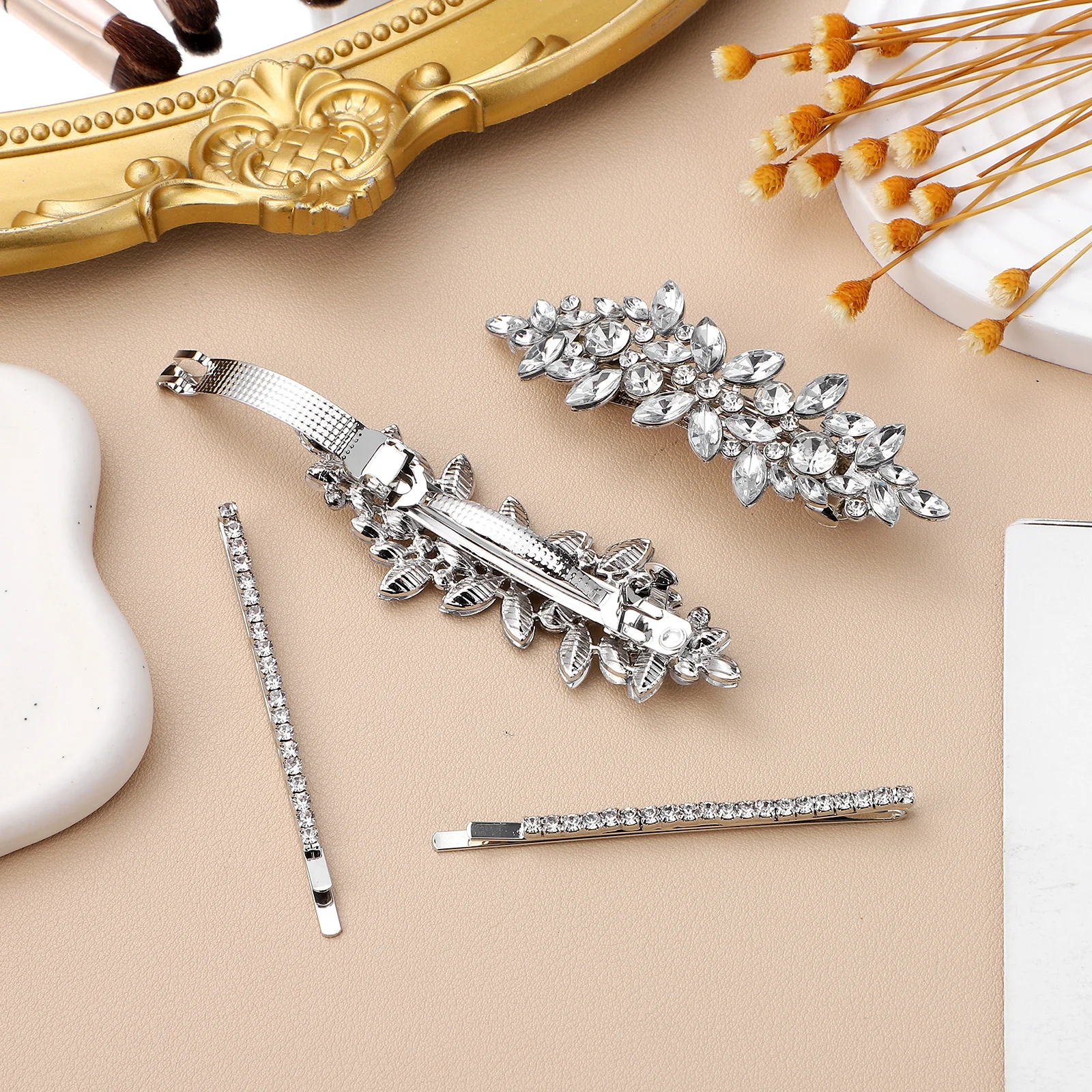 

4 Pcs Rhinestone Hair Clip Silver Bridal Accessories Women Wedding Bridesmaid Sparkly Hair Pins For Formal Events