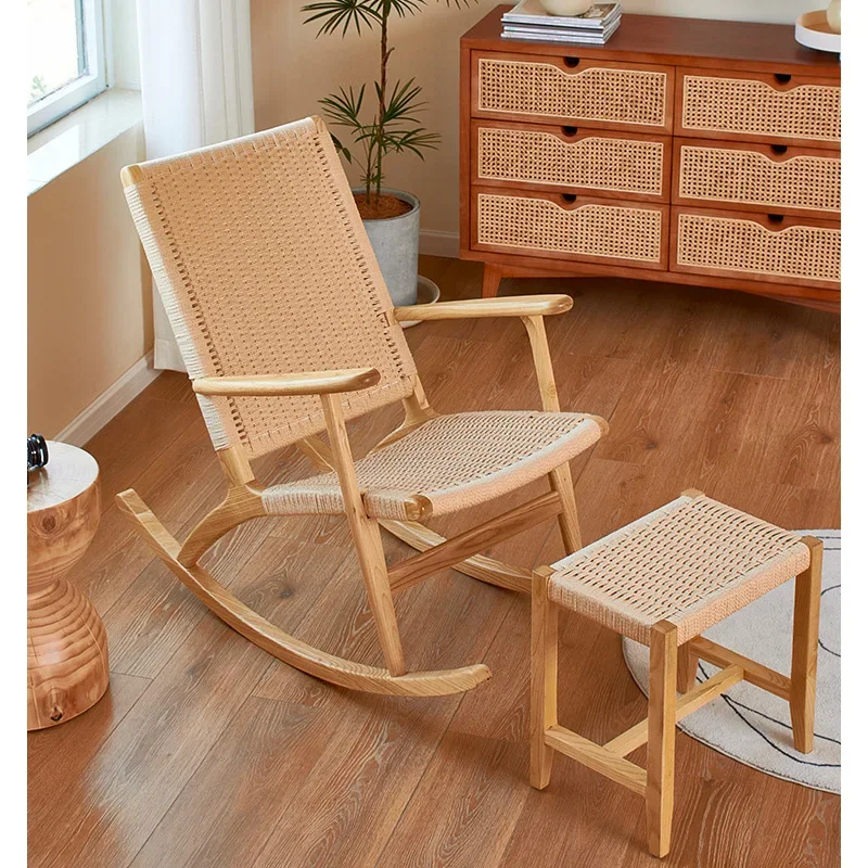 Solid wood high-back rocking chair rocking  Nordic rattan Japanese rattan chair solid wood reclining