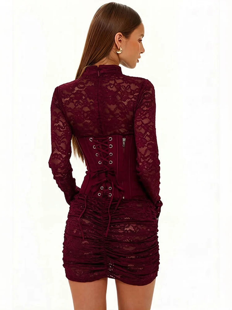 Damen-Minikleid mit Stehkragen und Schlüssellochausschnitt, Spitze, lange Ärmel, formgebendes Korsett, tailliert, figurbetont, sexy Nachtclub-Party-Outfit – Detail 8
