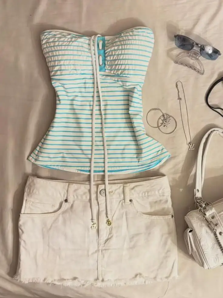 Kimutomo Women Korean Style Blue White Striped Tube Top Ruched Drawstring Waist Crop Camisole with Padding Sexy
