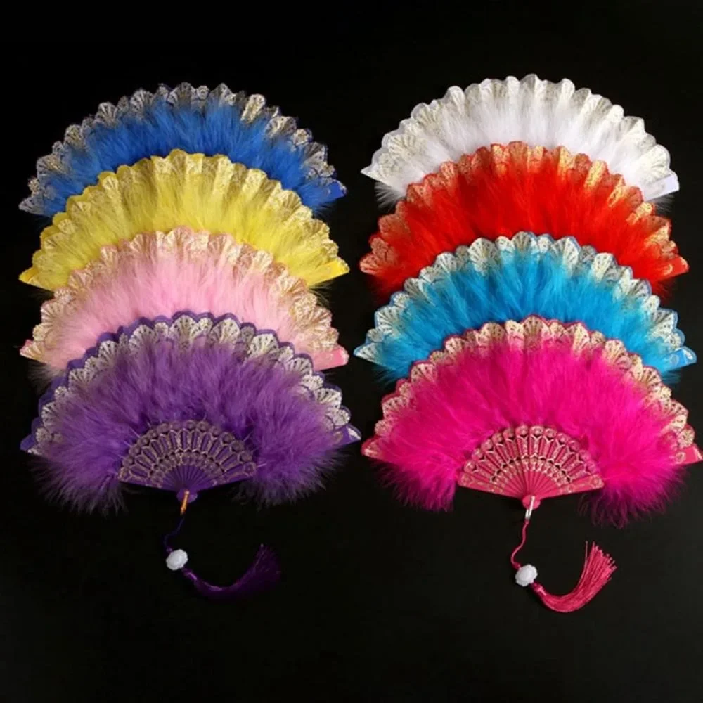 Abanico plegable de plumas de Lolita, abanico de mano de danza de corte gótica oscura japonesa dulce Hada con colgante, regalo, decoración para fiesta de boda