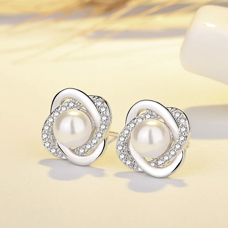 New trending 925 Sterling Silver romantic Pearl crystal stud earrings for women fashion party wedding streetwear   jewelry gifts