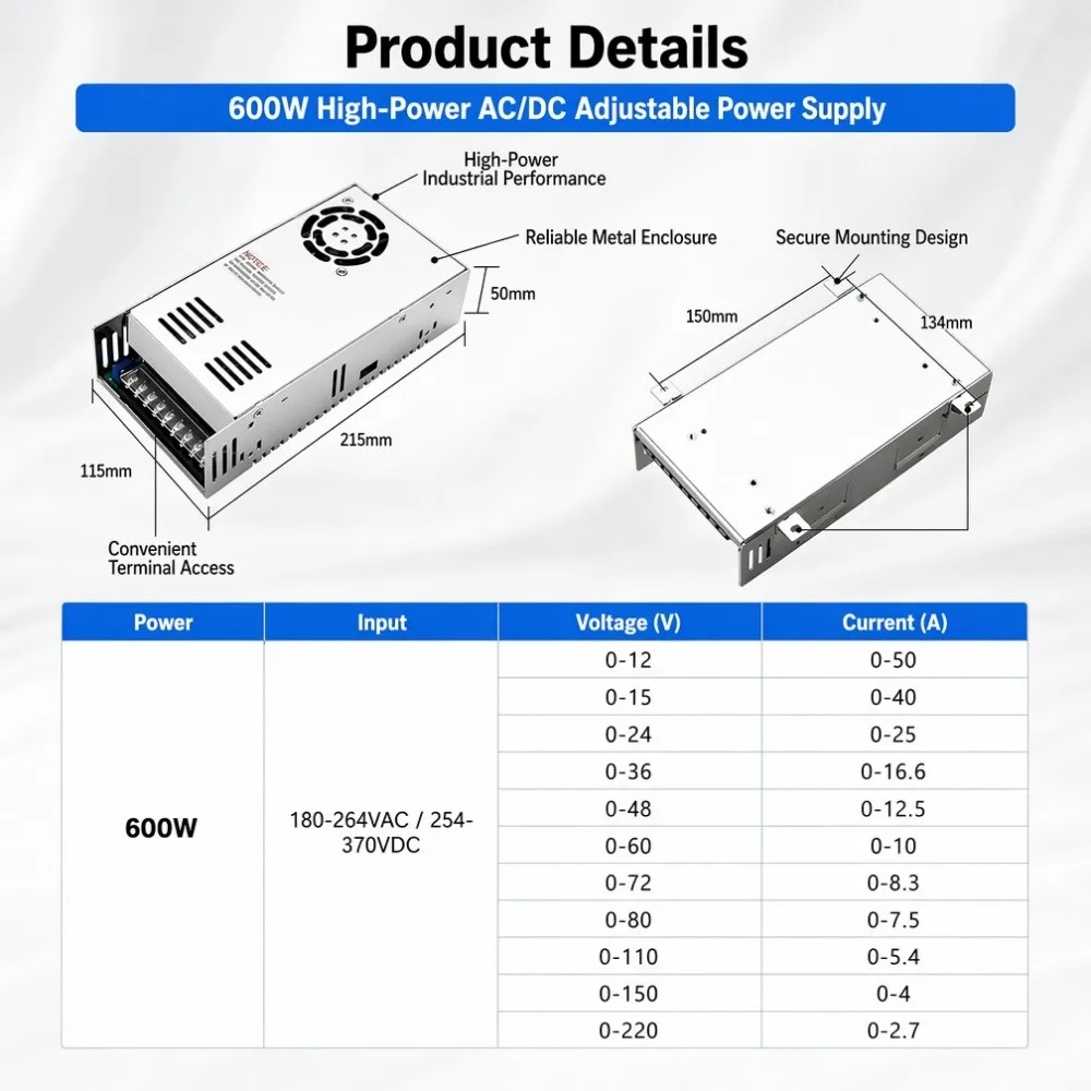 600W Adjustable Power Supply 12V 15V 24V 36V 48V 60V 72V 80V 110V 150V 220V 2.7A-50A 600W AC DC Switching Power Supply