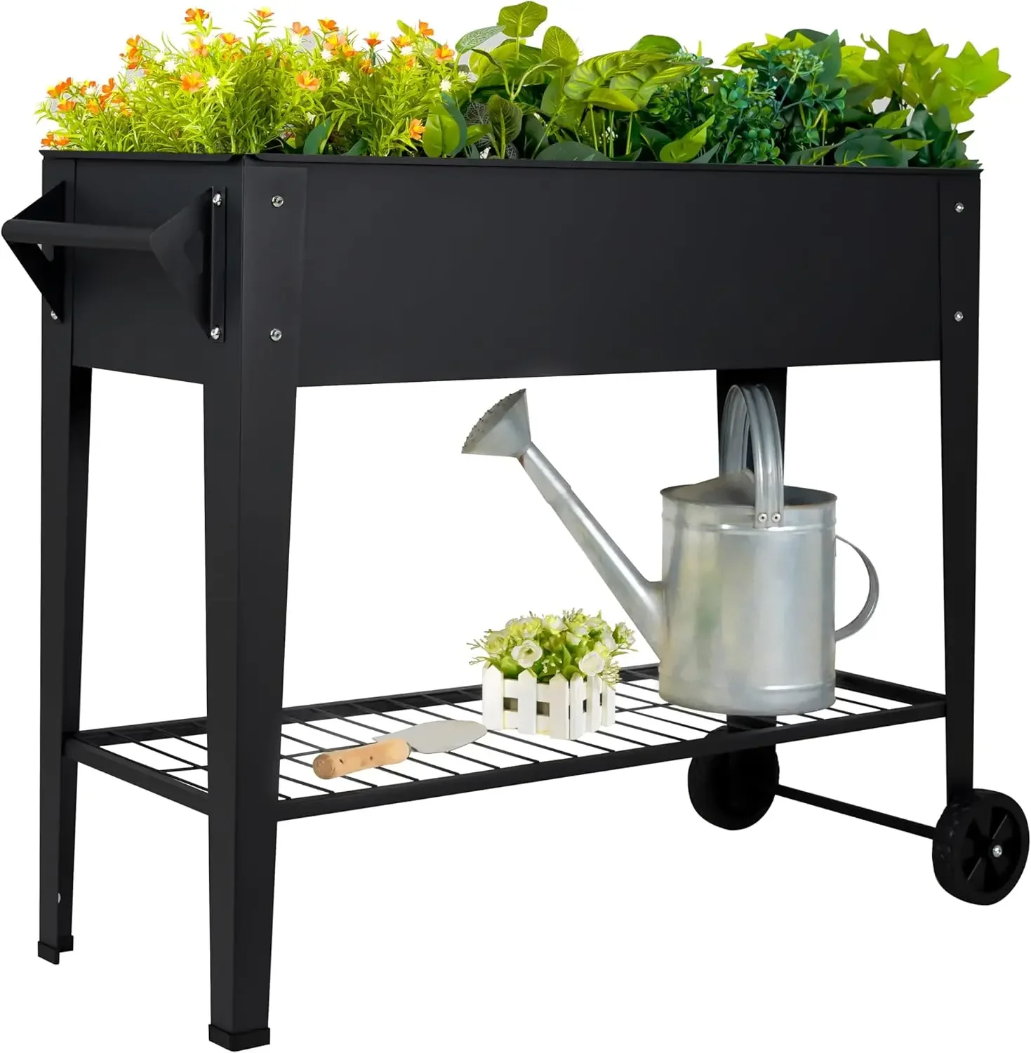 

32" Tall Raised Garden Bed Outdoor with Wheels & Shelf for Mobility, 400LBS Capacity, Anti-Rust Steel Planter Box