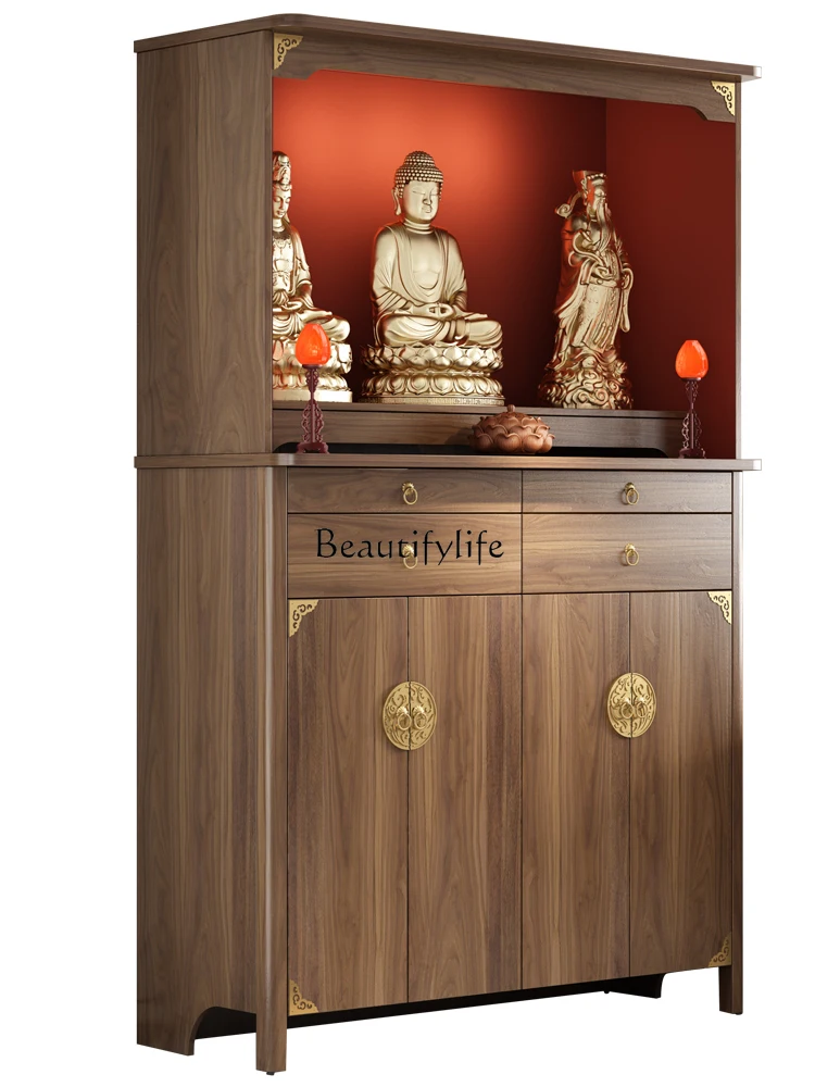 

Buddhist shrine vertical cabinet household God of Wealth offering table with door Bodhisattva new Chinese solid wood shrine