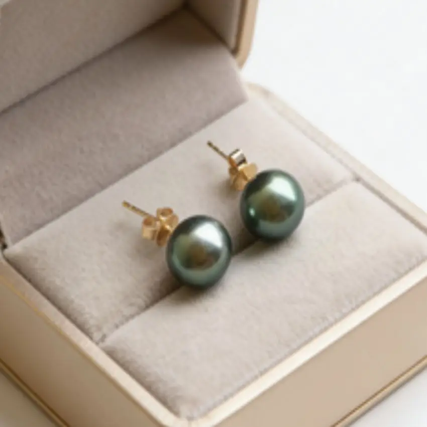 12mm Natural black green Tahitian round pearl 14K gold earrings Thanksgiving Aquaculture Wedding Gift Halloween