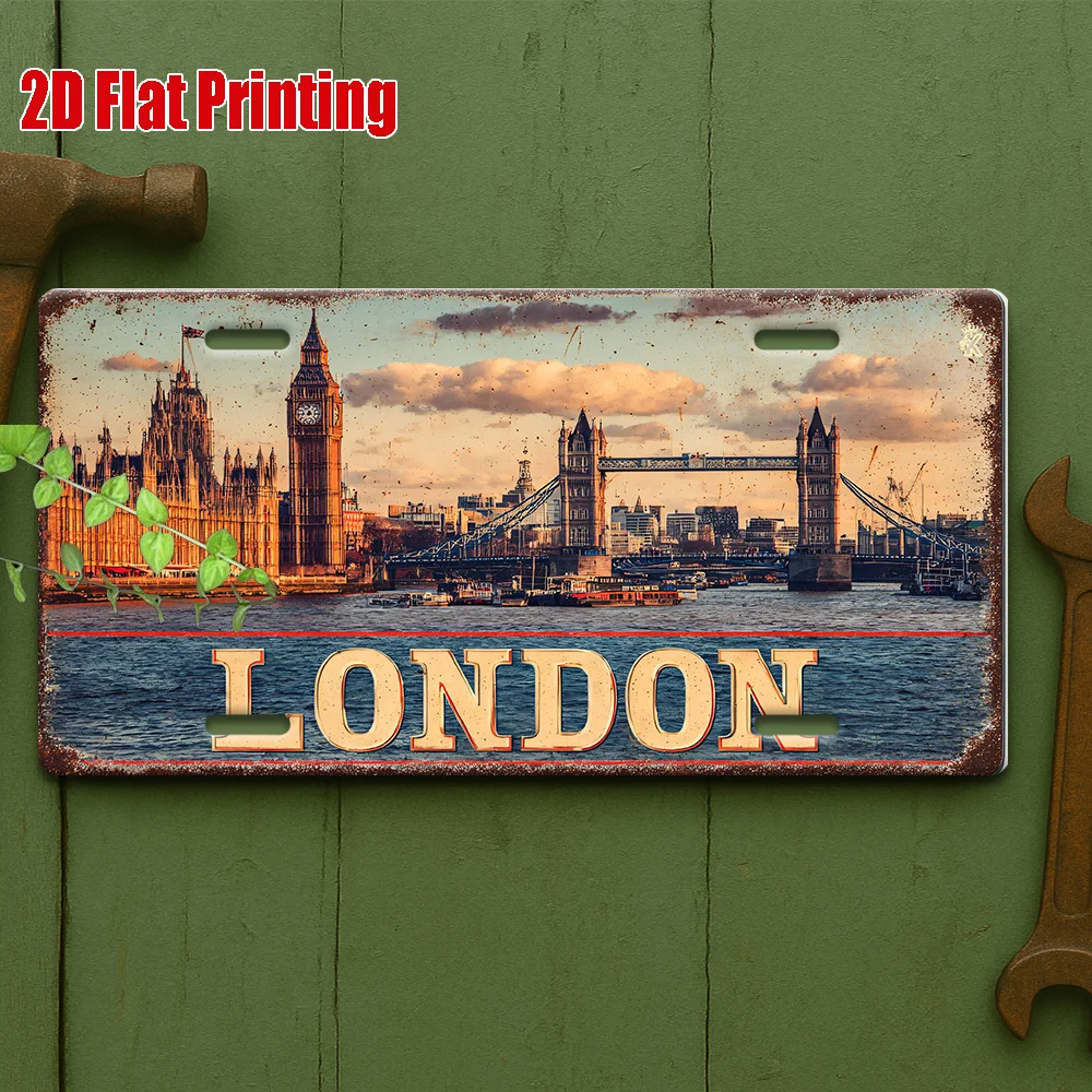 2D Flat - 2D Printed Sign, 1pc, Iconic London River View Metal Plaque, for Decorative Use Only, Outdoor Sign & Wall Decor, Vinta