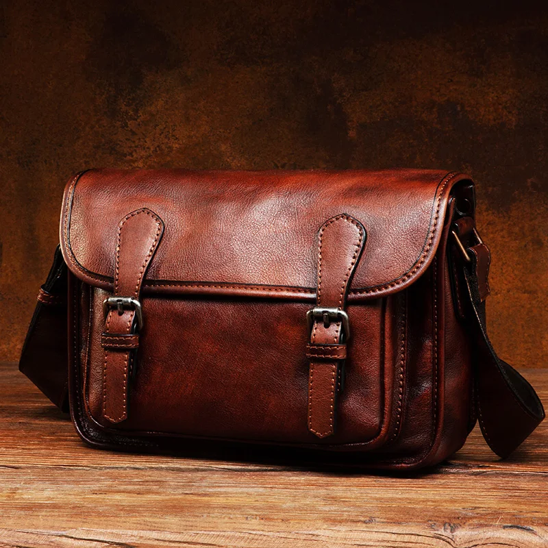 Vegetable tanned leather handbag hand-painted men\'s bag leisure leather shoulder bag fashion messenger bag