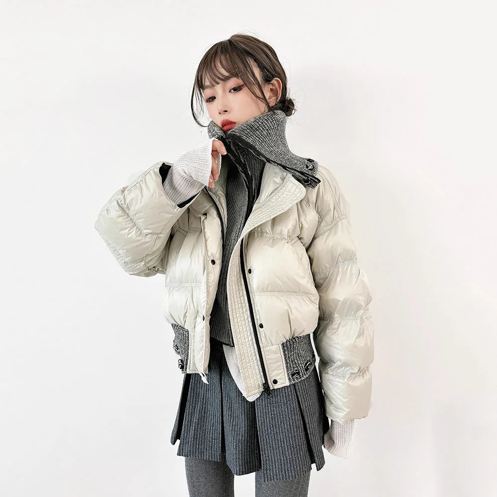 2025 New Winter Short Warm Down Coat European Style Turn-down Collar Puffer Jacket Women Fashion Casual Knitted Splice Parkas