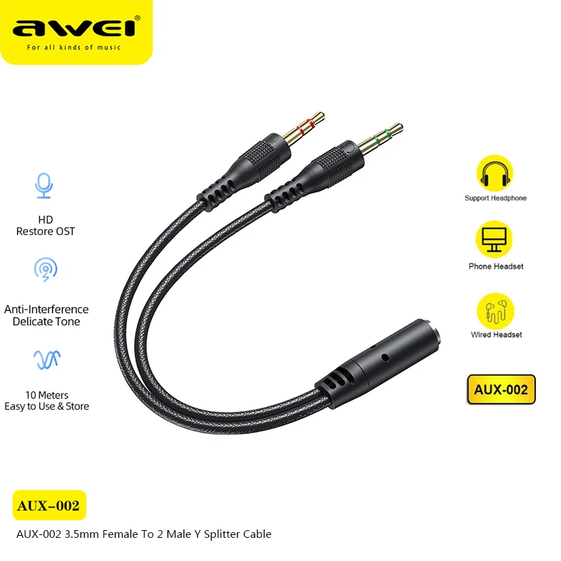 Awei AUX-002 AUX-001 3.5mm Female To 2 Male Y Splitter Cable Aux Audio Cable Pc Headphone Earphone Mic Jack Dropshipping