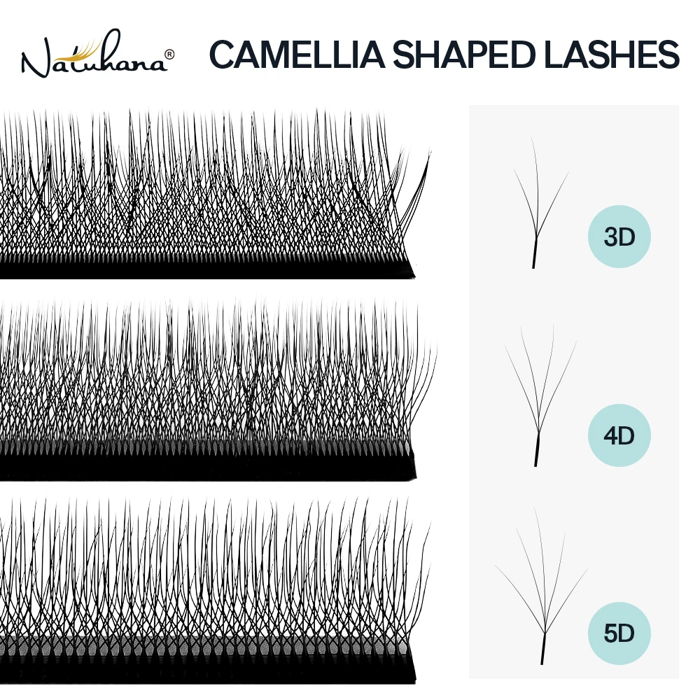 Cílios NATUHANA Camellia 3D/4D/5D em Forma de W, Curvatura C/D/L/LU, Extensões de Cílios Pré-Fabricadas, Leves e Macias para Atacado