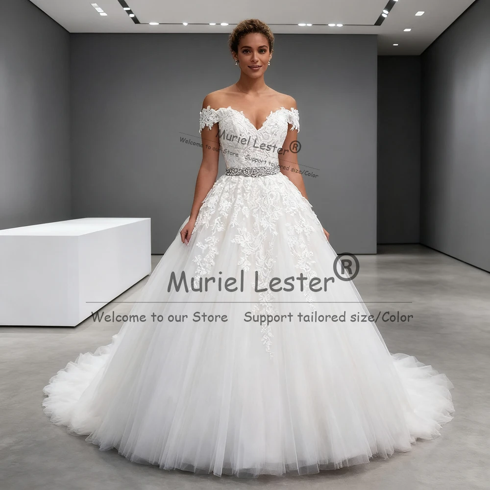 

Luxury Lace Appliques Beaded Bridal Gowns Off Shoulder V Neck Ball Gown Wedding Dresses Customized Bride Banquet Party Clothing