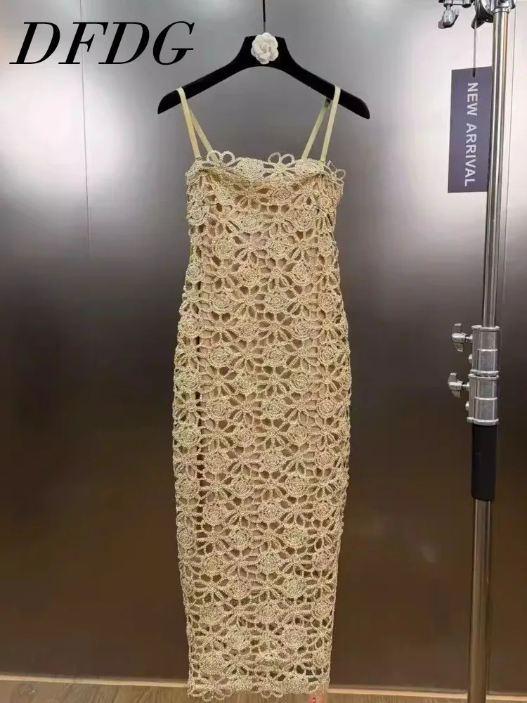 

Женское платье DFDG весна-лето, золотое, вязаное крючком, без рукавов, миди, на бретельках, для вечеринок, торжественное, трендовое, женственное, модное, 2026