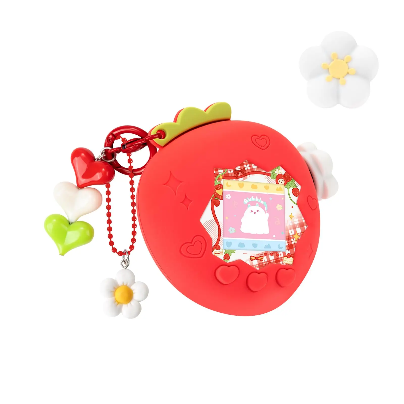 Aardbeibubbel-siliconenhoes voor de Tamagotchi Paradise – schattige beschermhoes met bloemmotief op de afdekking, sticker voor de voorkant en een bedeltje.
