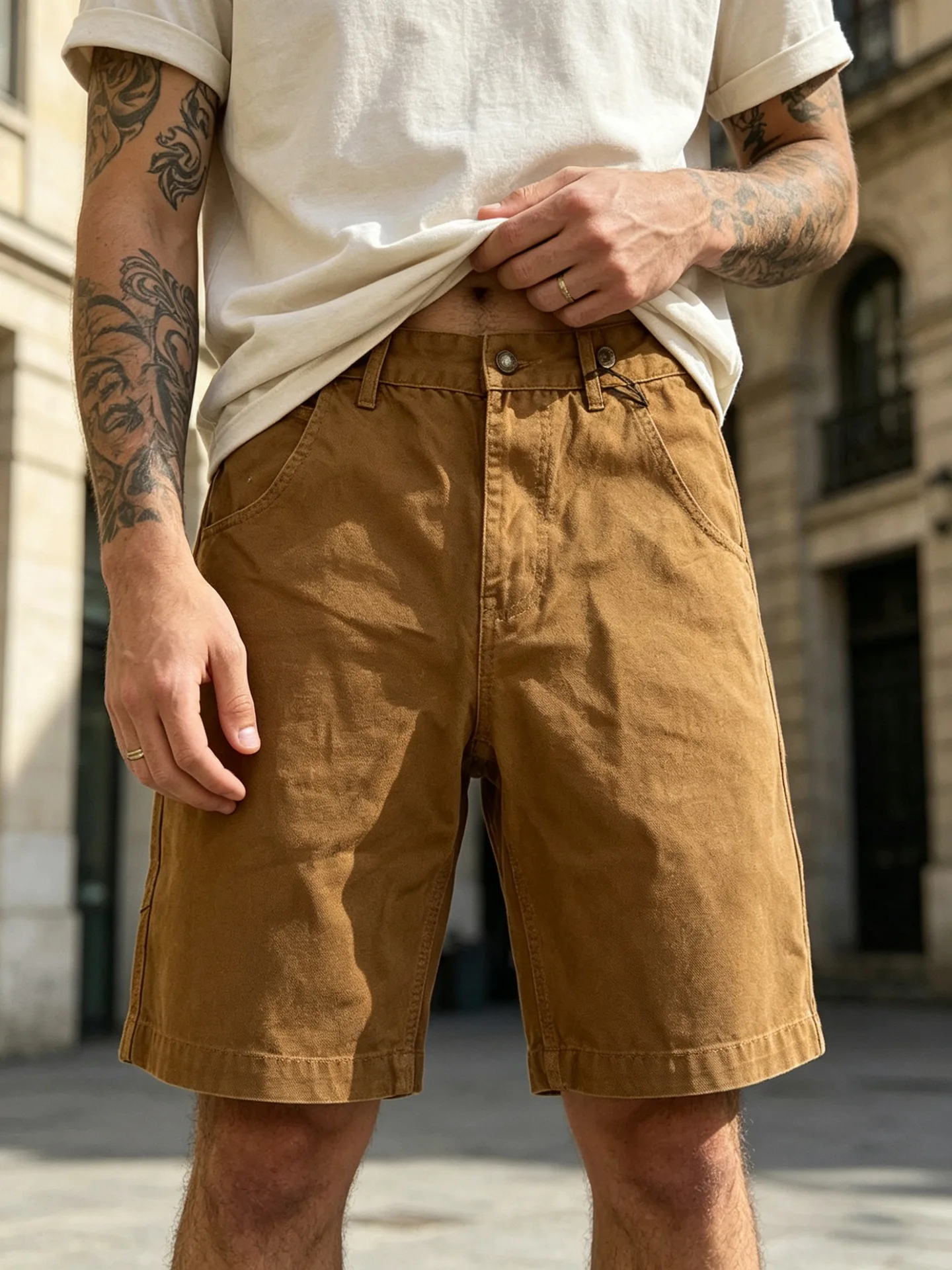 OKONKWO Men's Canvas Overalls Loose Fit Five-Point Shorts, Americana Style Motorcycle/Railway Multi-Pocket Cargo Shorts