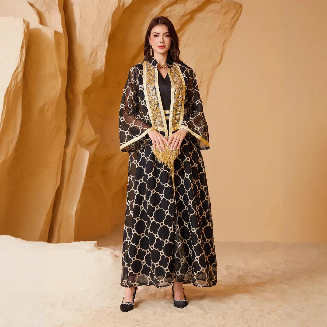 

Handcrafted Set Elaborately Embroidered Mesh Two Piece Conservative Islamic Sheer Outfit Metallic Gold Ribbon Ensembles