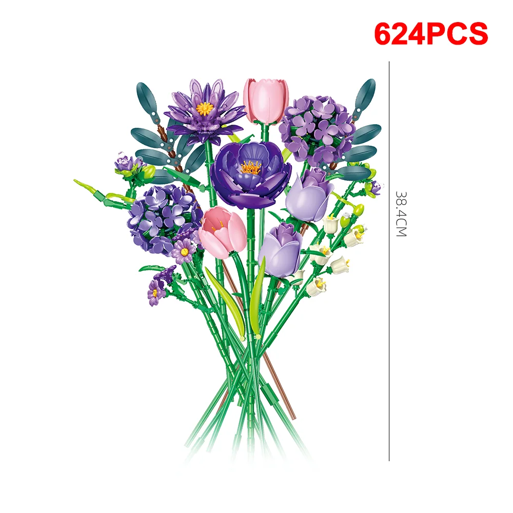 Ensemble de blocs de construction de Couple Bouquet violet 624 pièces, modèles de fleurs créatives, décoration de bureau élégante pour femmes, cadeau de loisirs créatif