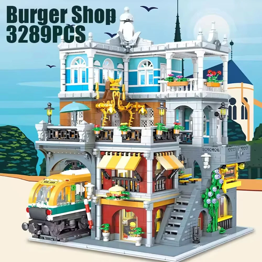 

3289PCS Burger Shop Building Blocks House NO.89128 Model With Light City View Street Scence Subway Bricks Toys Kids Adult Gifts