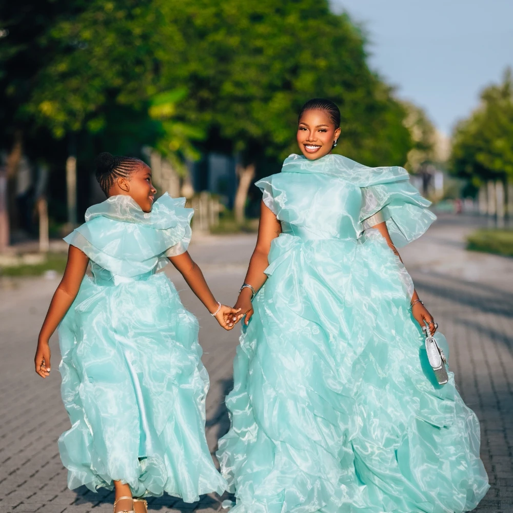 Mommy and Me Matching Mint Green Ruffle Dress Women Evening Party Organza Asymmetric One Shoulder Off Shoulder Tiered Ball Gown