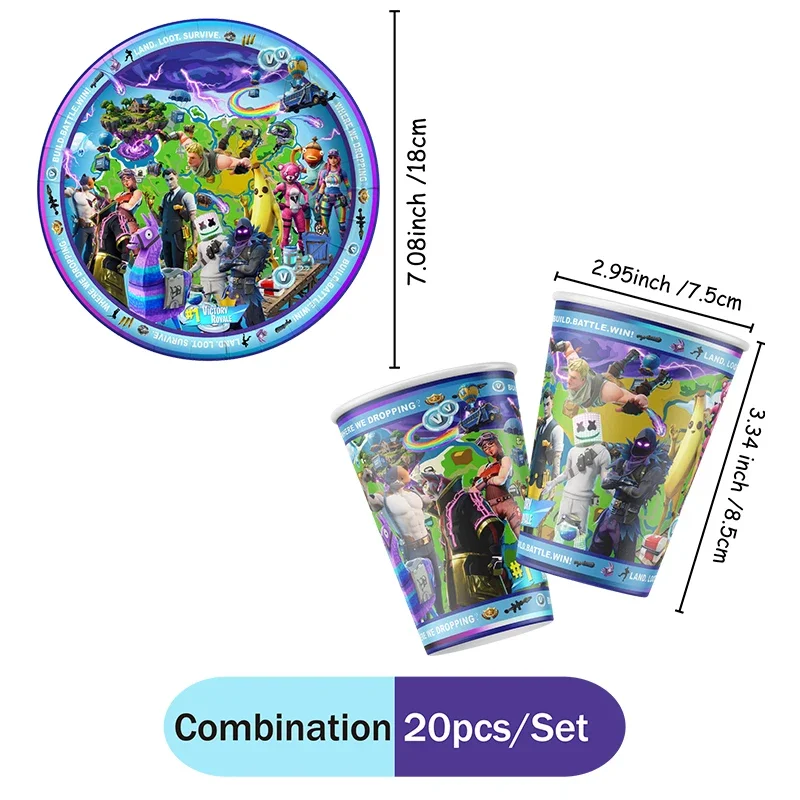 Fortnite Einweg-Partydekorationsset: Teller, Becher, Strohhalme, Kombination für Feier-Tischdekoration, Spielthemen-Geburtstags-Tischzubehör – Detail 16