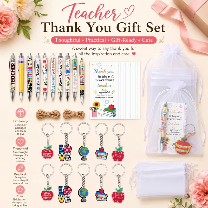 5/10 Sets Teacher Appreciate Gift Box Contain Ballpoint Pen Teacher Thank-You Card Keychain Mesh Pouch For Back To School Staff