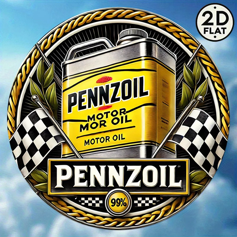 [2D Flat] 1 Stück Vintage 8x8 rundes Aluminium-Wandblechschild – Pennzoil Racing Oil Logo, 2D Flat Design, gelb und schwarz kariert