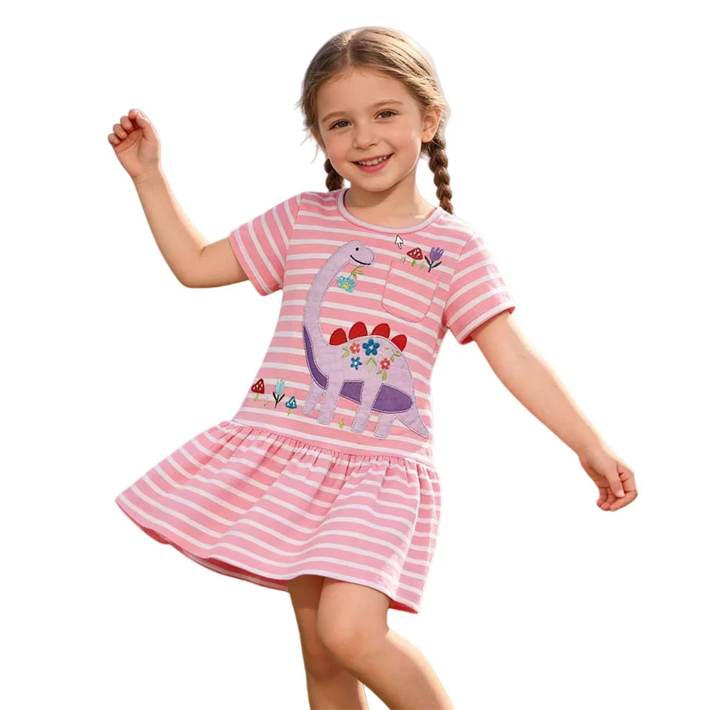 

Jumping Meters Short Sleeve Girls Dresses Striped Dinosaurs Applique Children's Birthday Gift Toddler Costume Hot Selling Frocks