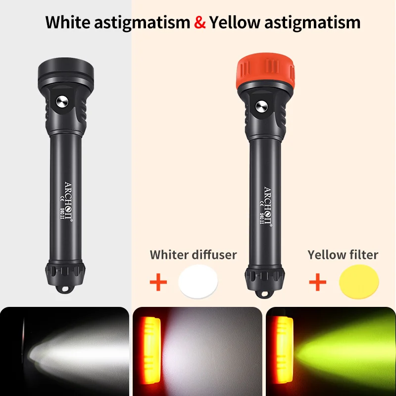 S40 II 4300lm Scuba diving flashligh Yellow astigmatism lenses Dive lighting has a longer distance Underwater 100m Diving torch