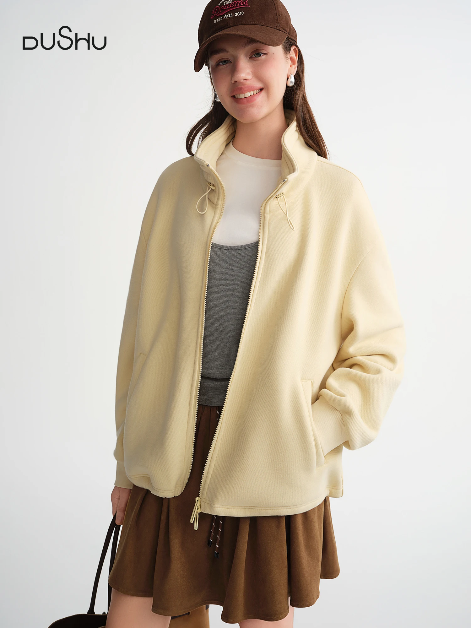 

DUSHU Velvet Casual Sweater Jacket 2025 New Autumn and Winter Stylish Tops Yellow Sweet Leisure Simple Girlish Cotton Soft Ins