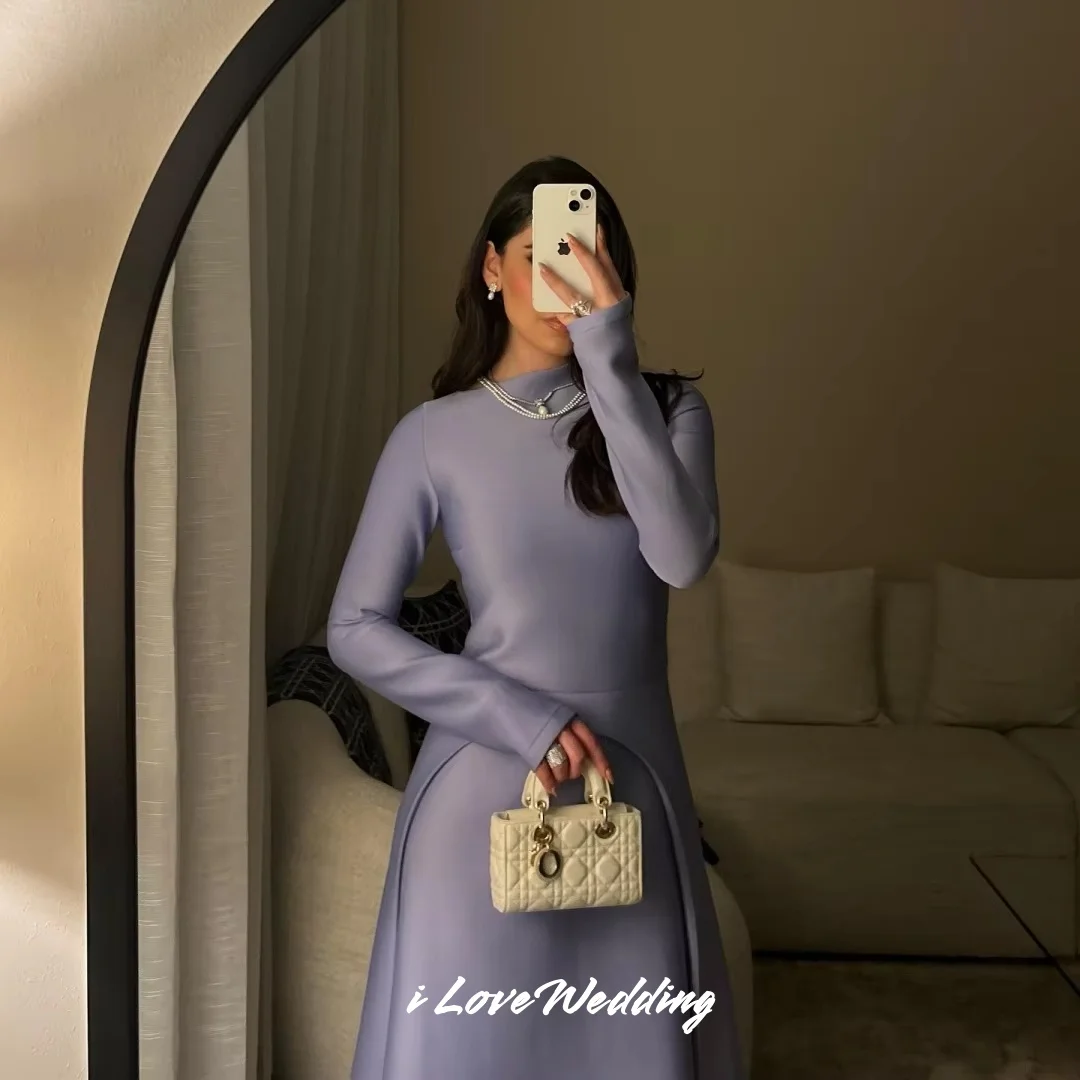 ชุดราตรีสีม่วงคอสูง ปี 2025 ผ้าซาติน แขนยาว ทรงเอไลน์ ยาวถึงข้อเท้า จีบระบาย สำหรับงานพรอม งานแต่งงาน งานเลี้ยง  รับตัดตามแบบ