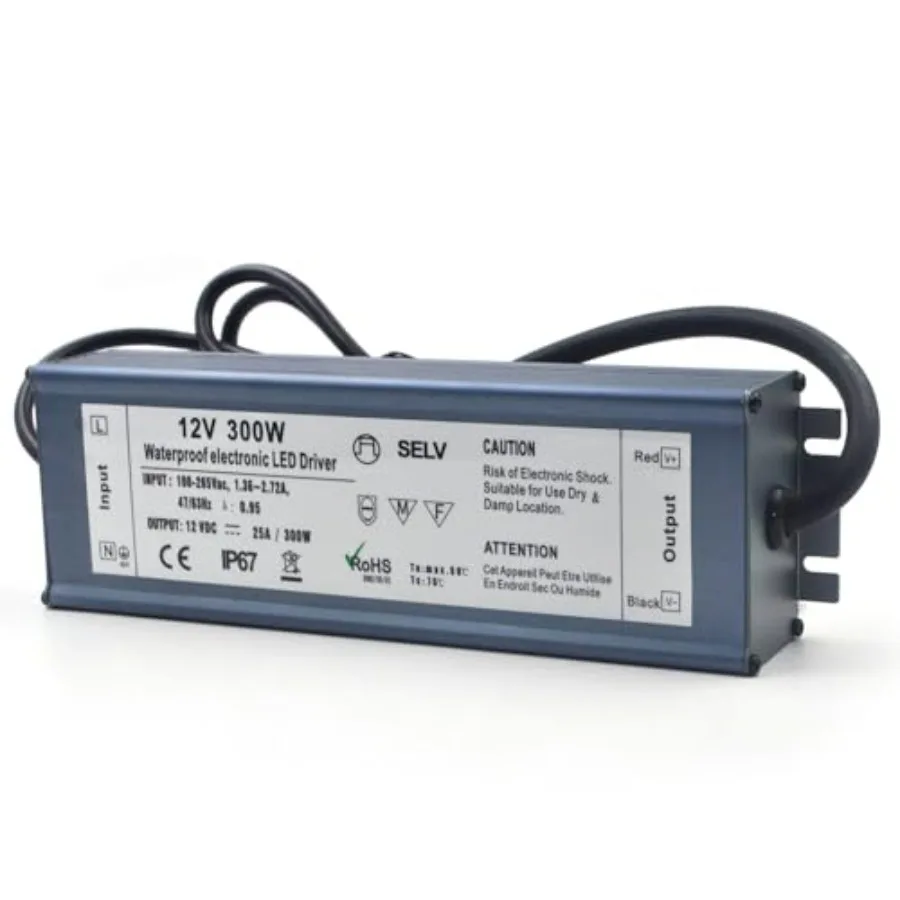 

LED Driver 12V 300W Waterproof IP67 Power Supply Transformer 100-265V AC to 12V DC Low Voltage Output with 3-Prong Plug Cable f
