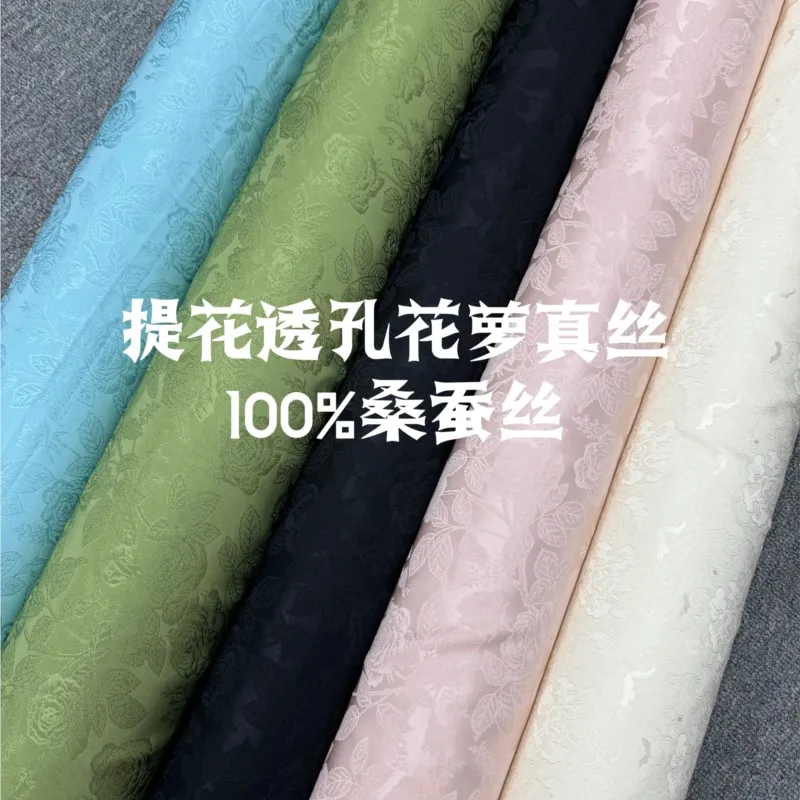 Nuovo abito camicia elegante in tessuto di seta con fiori traforati jacquard da 19 momme puro