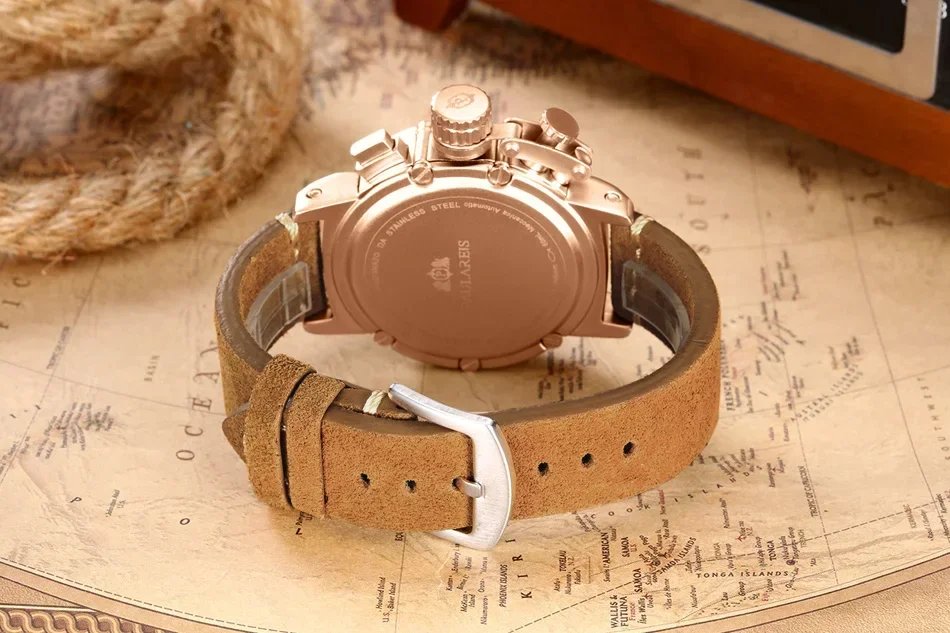 Reloj mecánico automático para hombre, cronógrafo multifunción de cuero marrón auténtico con fecha, fecha, mes luminoso limitado, oro rosa, bronce, U