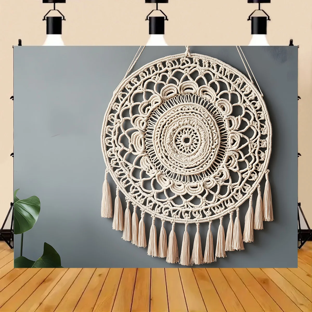 1 Stück böhmische Makramee-Wandleinwand – komplexe UV-bedruckte Polyesterrückseite mit Blumen- und geometrischen Mustern