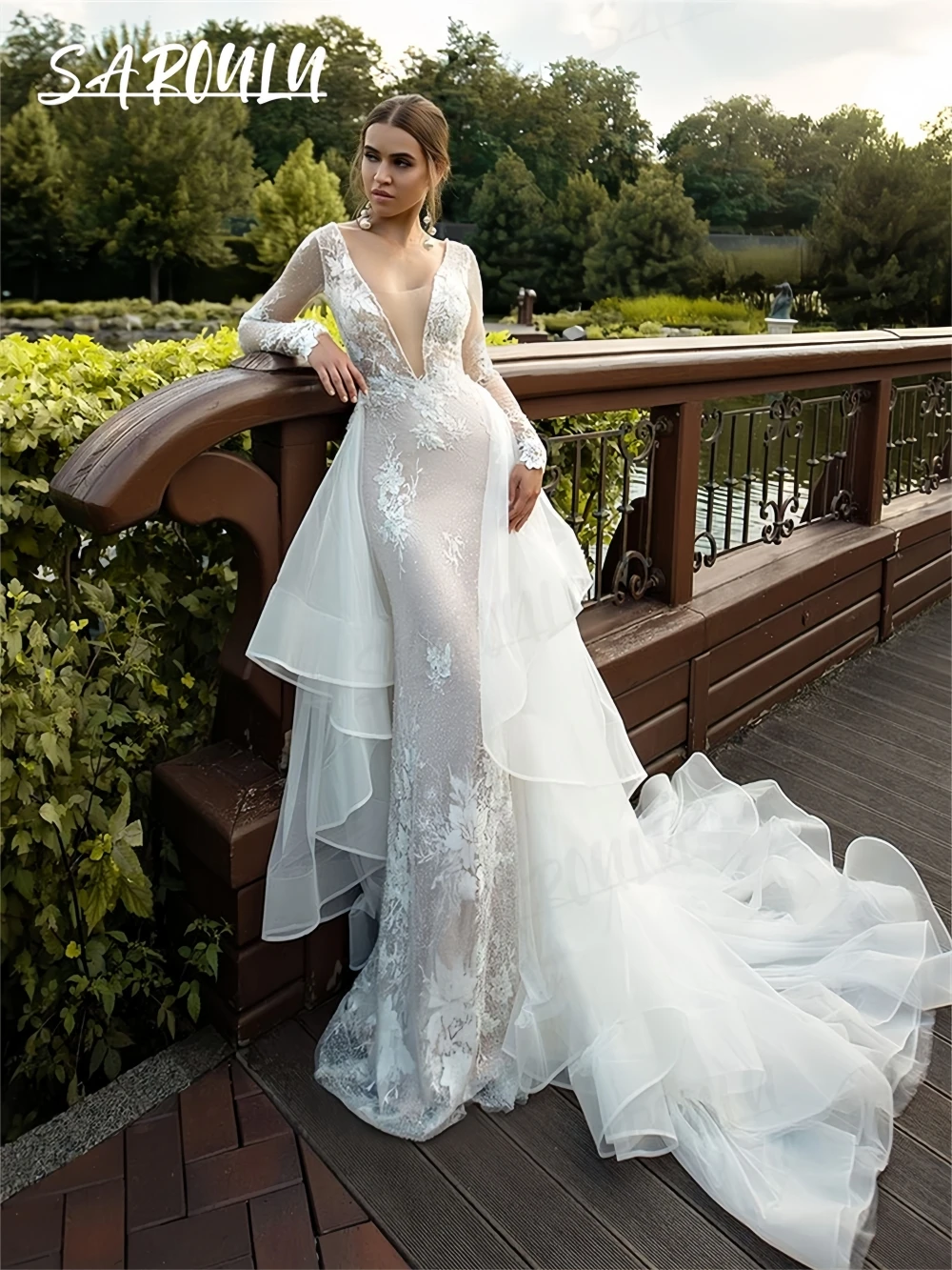 

Train Detachable Wedding Dress for Women, Deep V Neck Lace Long Bride Dresses, Customized, Full Sleeve Sheath Bridal Wed Gown